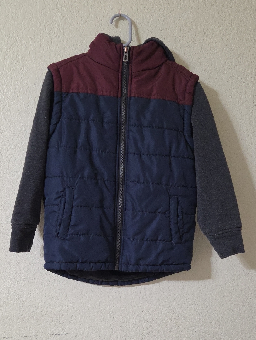 Kids Quilted Puffer Jacket with Burgundy Yoke and Navy Body